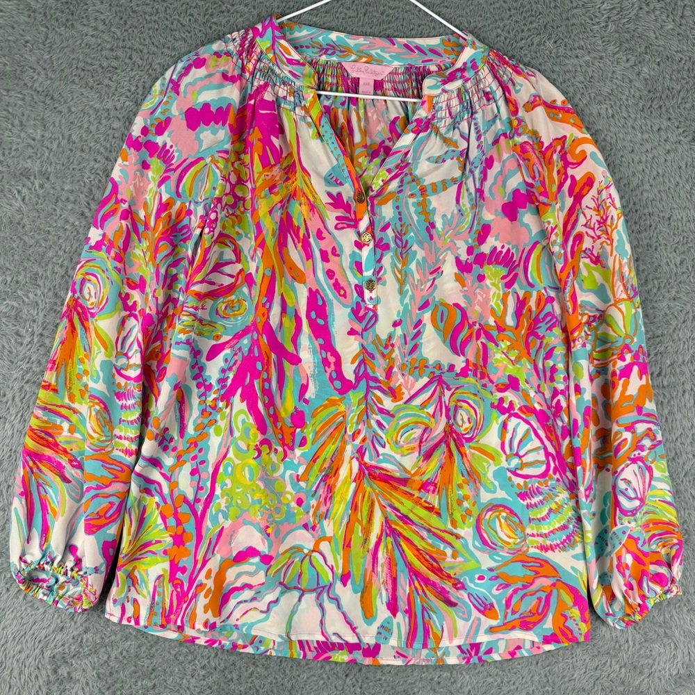 Lilly Pulitzer Elsa Top Silk Blouse Elsa Top Resort Scuba to Cuba Print Pink XXS